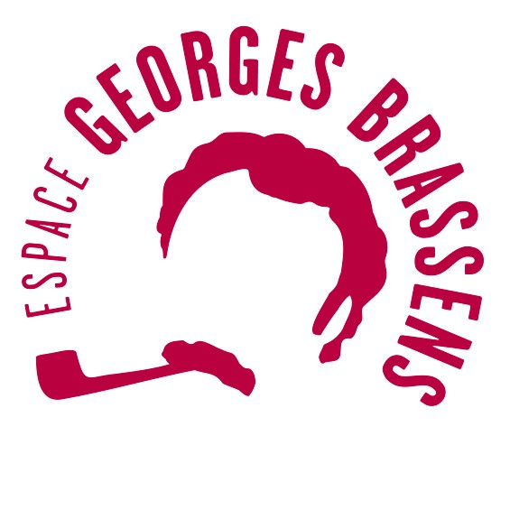 Logo de l'Espace Georges Brassens rouge. Illustration de Brassens : cheveux, moustache et pipe