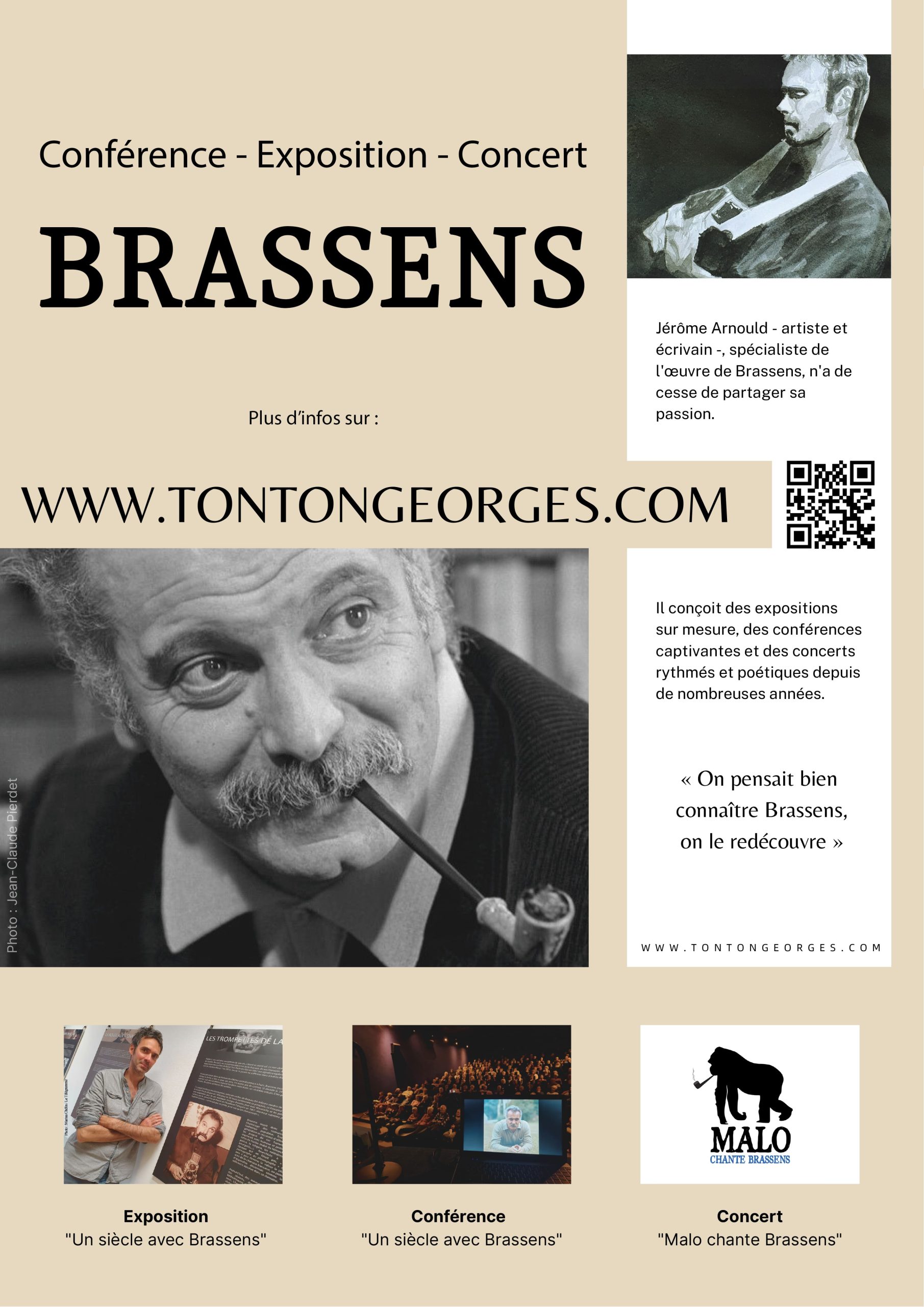 Affiche de présentation du site de Jérôme Arnould avec photographie de Georges Brassens et de Jérôme Arnould. Site tontongeorges.com