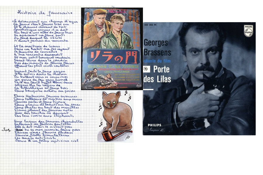 Manuscrit de Brassens et pochette de disque en langue étrangère et couverture du livre la porte des Lilas