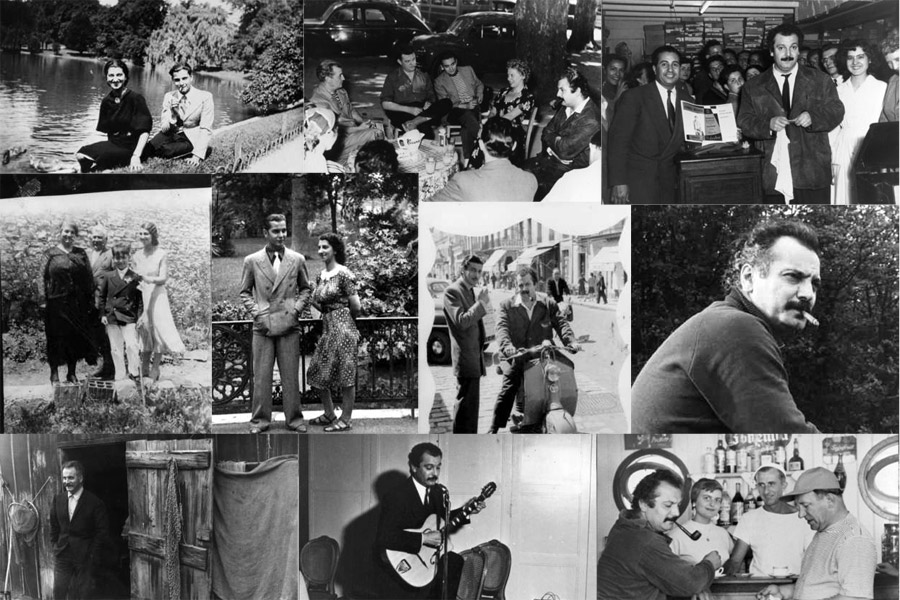 Plusieurs photographies en noir et blanc de Brassens avec des amis ou seul