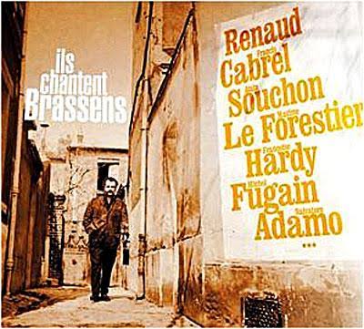Pochette de disque en sépia avec photographie de Georges Brassens et nom des interprètes. Renaud, Cabrel, Souchon, Le Forestier, Hardy, Fugain, Adamo