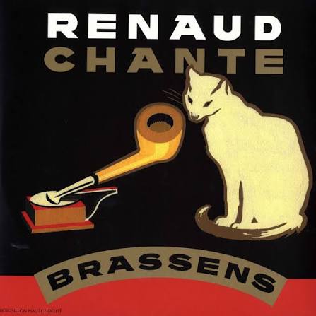 Couverture de disque Renaud Chante Brassens avec un chat blanc et un gramophone avec une pipe