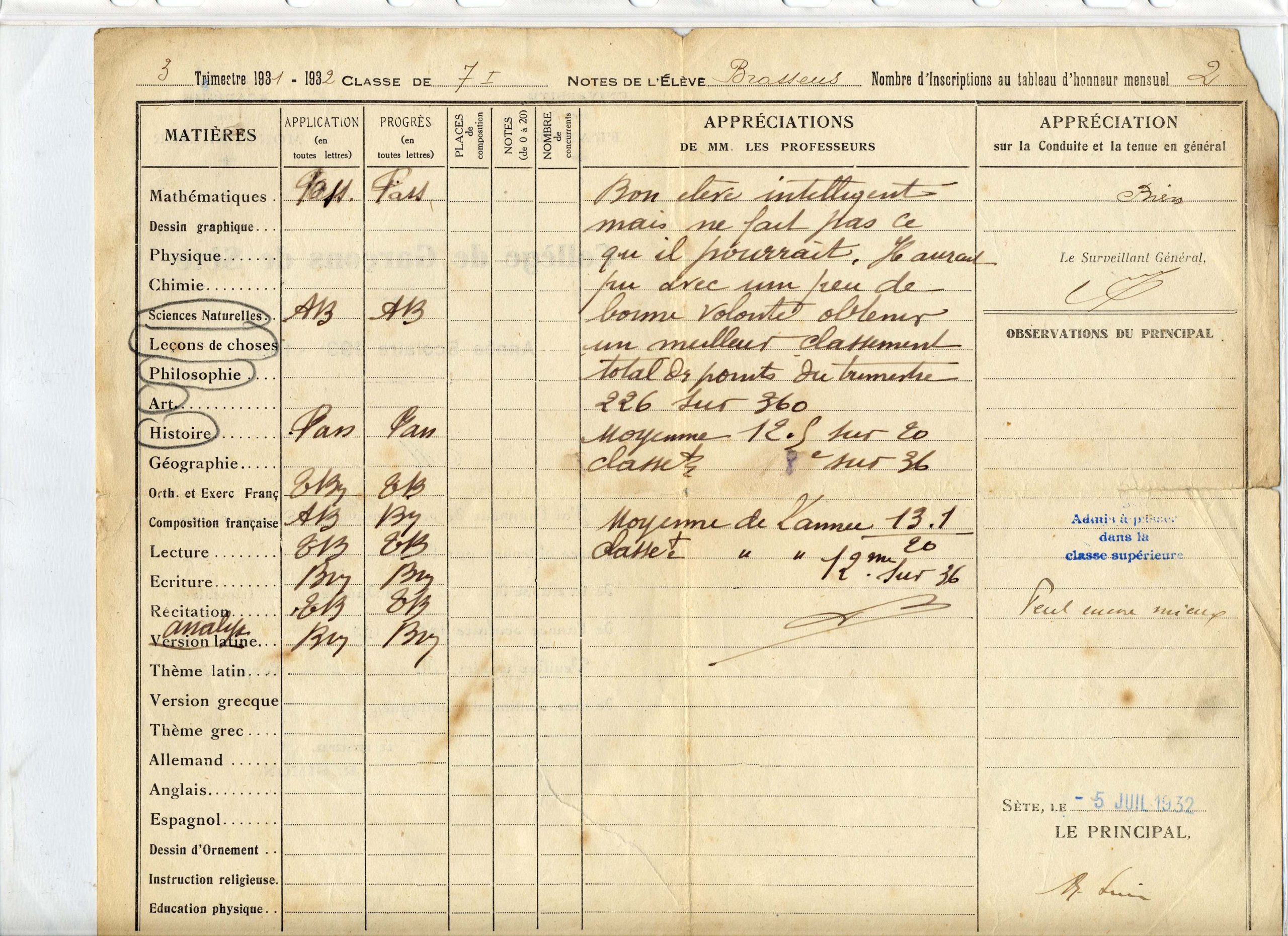 Bulletin scolaire 1931 - 1932