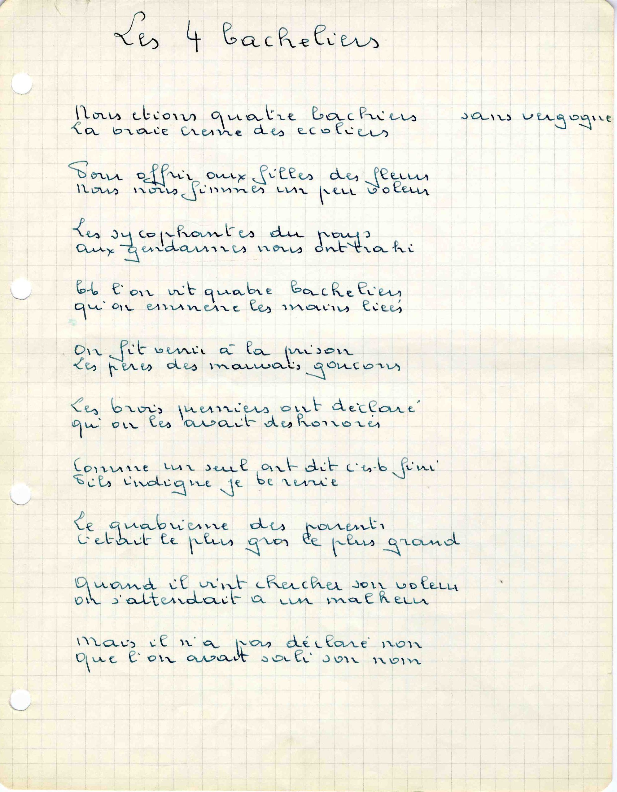 1966 - Brouillon de la chanson "les 4 Bacheliers"