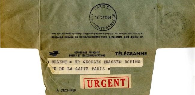 Télégramme de Juliette GRÉCO adressé à Georges BRASSENS Bobino rue de la Gaité Paris